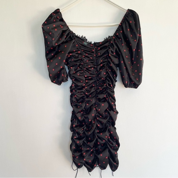 For Love and Lemons Melrose Polka Dot Dress Black Red Ruched Satin Blogger Fav S - Picture 6 of 15